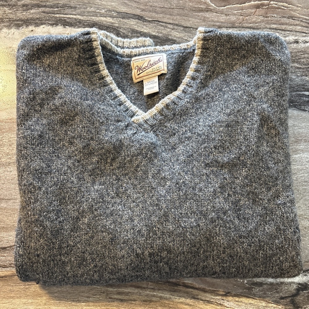 Woolrich Mens Large V-Neck Wool Blend Sweater Charcoal Beige Trim  2XL Vintage